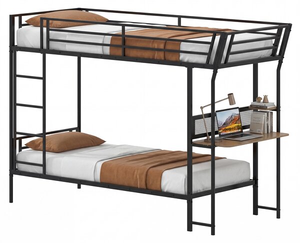 Costway Letto a castello con scrivania struttura in metallo con sponde di sicurezza e scala incluse, Letto loft con postazione di lavoro in legno