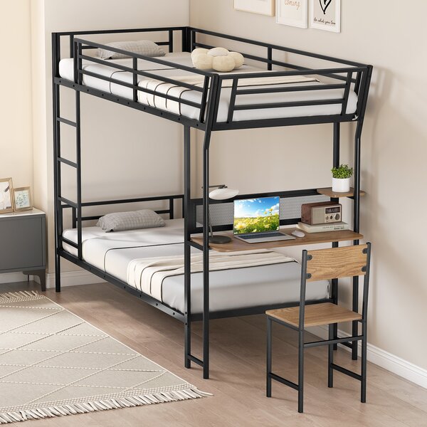 Costway Letto a castello con scrivania struttura in metallo con sponde di sicurezza e scala incluse, Letto loft con postazione di lavoro in legno