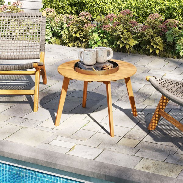 Costway Tavolino da esterno rotondo 62 cm in legno massello, Tavolino laterale basso da giardino da caffè montaggio semplice naturale
