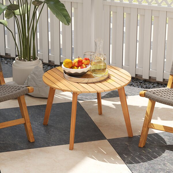 Costway Tavolino da esterno rotondo 62 cm in legno massello, Tavolino laterale basso da giardino da caffè montaggio semplice naturale