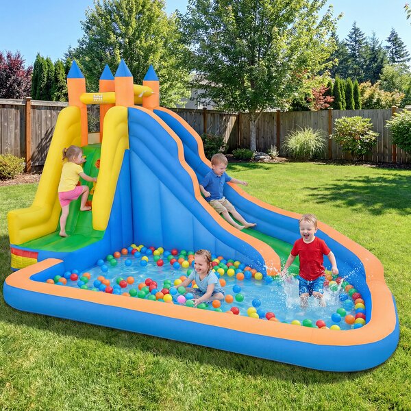 Costway Castello gonfiabile per bambini con scivolo piscina e parete di arrampicata, Parco acquatico da esterno 3 in 1 giochi gonfiabili