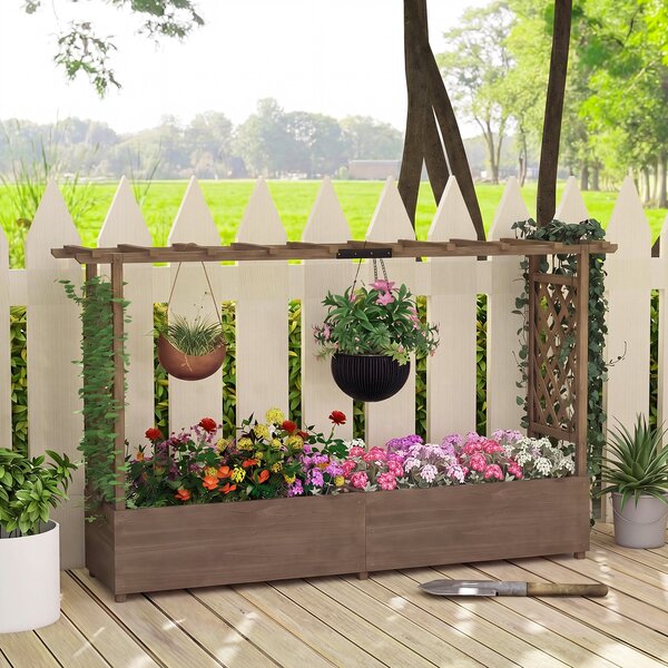 Costway Fioriera rialzata con traliccio tettoia e fori di drenaggio, Letto da giardino rialzato in legno per fiori verdure erbe e piante rampicanti Marrone