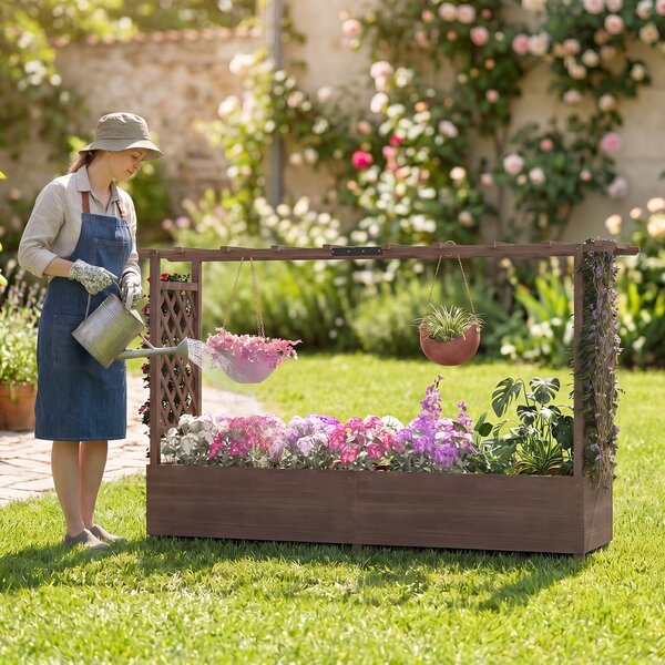 Costway Fioriera rialzata con traliccio tettoia e fori di drenaggio, Letto da giardino rialzato in legno per fiori verdure erbe e piante rampicanti Marrone