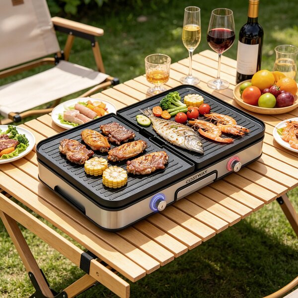 Costway Griglia barbecue elettrica 3 in 1 piastra grill elettrica 2000w con 2 manopole per controllo della temperatura, Griglia da tavolo antiaderente