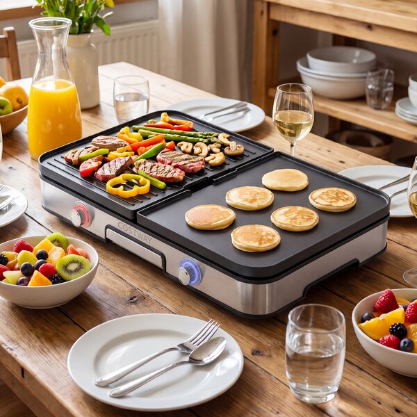 Costway Griglia barbecue elettrica 3 in 1 piastra grill elettrica 2000w con 2 manopole per controllo della temperatura, Griglia da tavolo antiaderente