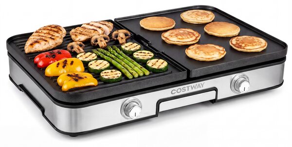 Costway Griglia barbecue elettrica 3 in 1 piastra grill elettrica 2000w con 2 manopole per controllo della temperatura, Griglia da tavolo antiaderente
