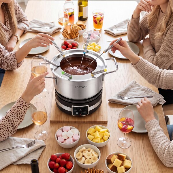 Costway Set fonduta formaggio 1200w elettrica in acciaio inox, Set fonduta cioccolato con temperatura regolabile e protezione dal surriscaldamento