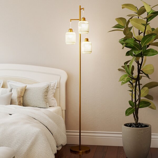 Costway Lampada da terra salotto e27 con 3 paralumi a gabbia interruttore a pedale e base ispessita, Piantana lampada lettura e lavoro stile vintage Oro