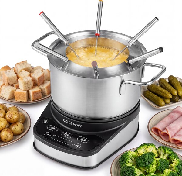 Costway Set fonduta elettrica 3 l temperatura regolabile in acciaio inox rimovibile e lavabile, Fondue con 6 forchette pentola antiaderente e paraspuzzi