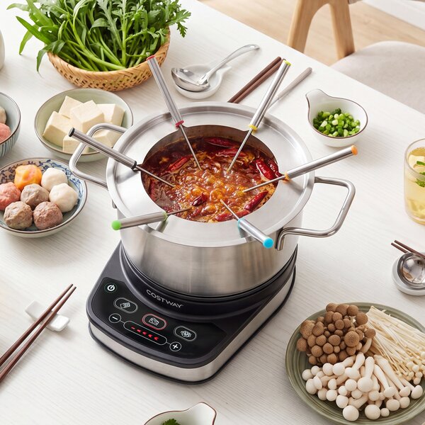 Costway Set fonduta elettrica 3 l temperatura regolabile in acciaio inox rimovibile e lavabile, Fondue con 6 forchette pentola antiaderente e paraspuzzi