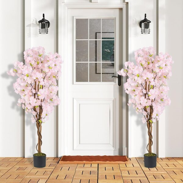 Costway Albero di ciliegio artificiale da 150 cm, Pianta finta con fiori rosa in vaso da vivai 2 Confezione Rosa