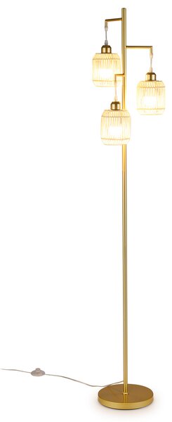 Costway Lampada da terra salotto e27 con 3 paralumi a gabbia interruttore a pedale e base ispessita, Piantana lampada lettura e lavoro stile vintage Oro
