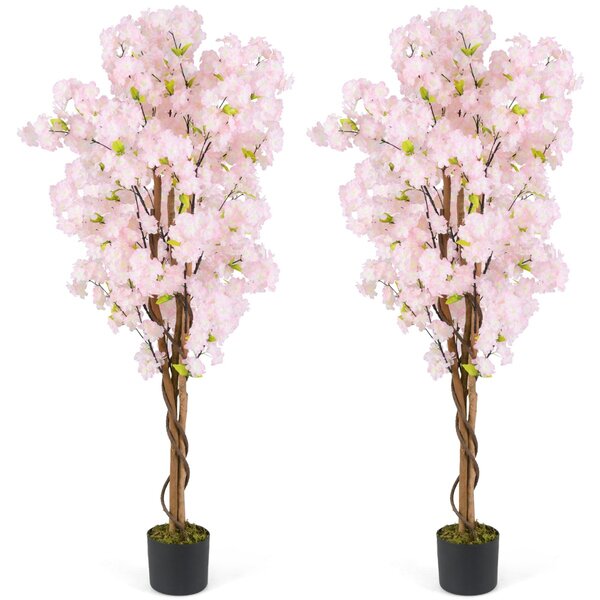 Costway Albero di ciliegio artificiale da 150 cm, Pianta finta con fiori rosa in vaso da vivai 2 Confezione Rosa