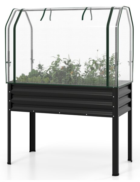 Costway Orto rialzato in metallo da esterno porta avvolgibile con cerniera, Fioriera rialzata con copertura in PE altezza ergonomica Nero