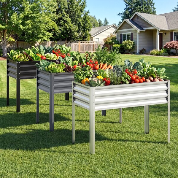 Costway Fioriera rialzata da esterno con fori di drenaggio, Letto da giardino in metallo resistente alle intemperie Grigio