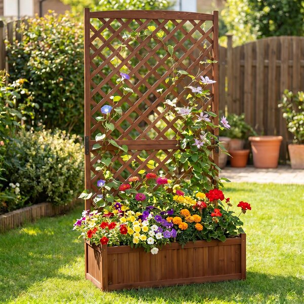 Costway Orto rialzato da giardino 180 cm ottimo drenaggio e ventilazione, Fioriera con spalliera in legno massello Marrone