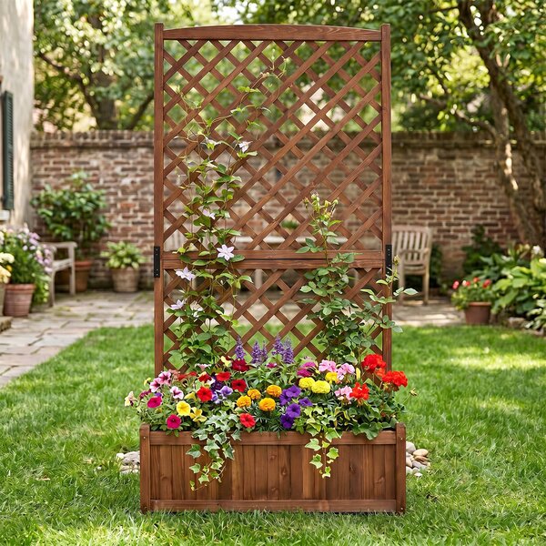 Costway Orto rialzato da giardino 180 cm ottimo drenaggio e ventilazione, Fioriera con spalliera in legno massello Marrone