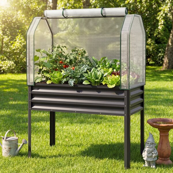 Costway Orto rialzato in metallo da esterno porta avvolgibile con cerniera, Fioriera rialzata con copertura in PE altezza ergonomica Grigio