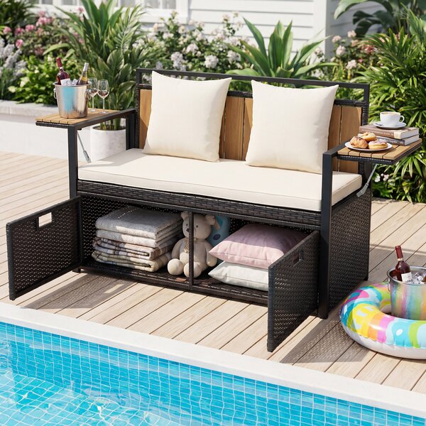 Costway Panca da giardino con vano contenitore, Panchina a 2 posti in rattan PE con tavolini pieghevoli cuscini imbottiti Beige