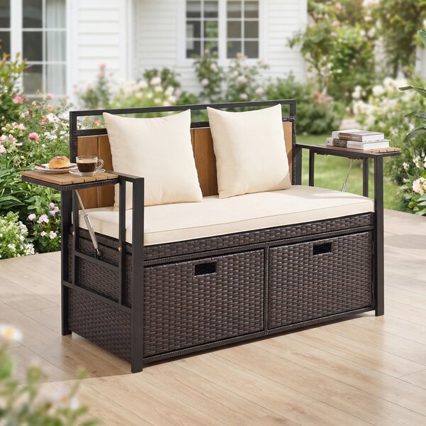 Costway Panca da giardino con vano contenitore, Panchina a 2 posti in rattan PE con tavolini pieghevoli cuscini imbottiti Beige