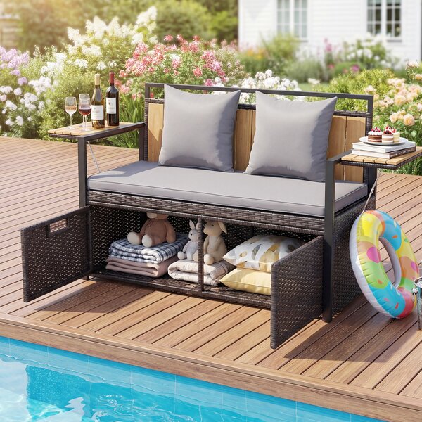 Costway Panca da giardino con vano contenitore, Panchina a 2 posti in rattan PE con tavolini pieghevoli cuscini imbottiti Grigio