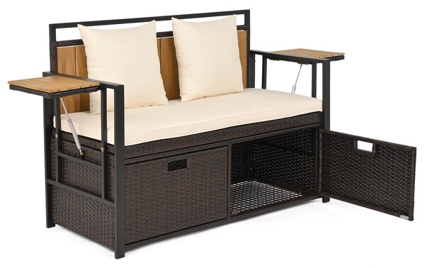 Costway Panca da giardino con vano contenitore, Panchina a 2 posti in rattan PE con tavolini pieghevoli cuscini imbottiti Beige