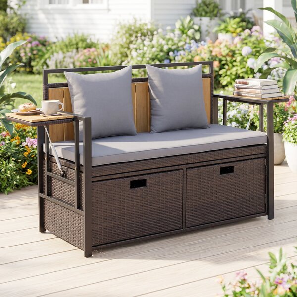 Costway Panca da giardino con vano contenitore, Panchina a 2 posti in rattan PE con tavolini pieghevoli cuscini imbottiti Grigio
