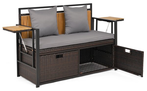 Costway Panca da giardino con vano contenitore, Panchina a 2 posti in rattan PE con tavolini pieghevoli cuscini imbottiti Grigio