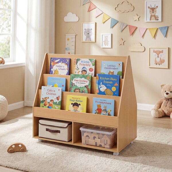 Costway Libreria montessori con lavagna per bambini, Scaffale portagiochi con ruote con ripiani e scomparti in legno Naturale
