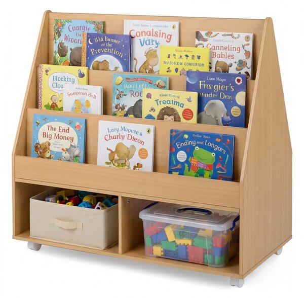 Costway Libreria montessori con lavagna per bambini, Scaffale portagiochi con ruote con ripiani e scomparti in legno Naturale