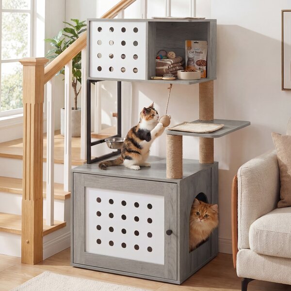 Costway Hsmobile lettiera gatti multilivello con ciotola cuccia piattaforme di attività tiragraffi e giocattoli, Armadietto per toilette nascosta in legno Grigio