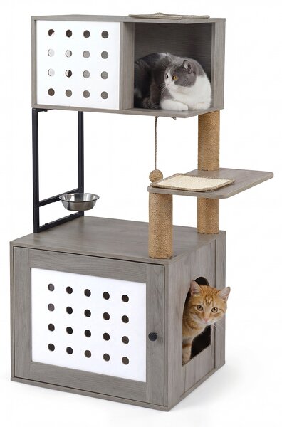 Costway Hsmobile lettiera gatti multilivello con ciotola cuccia piattaforme di attività tiragraffi e giocattoli, Armadietto per toilette nascosta in legno Grigio