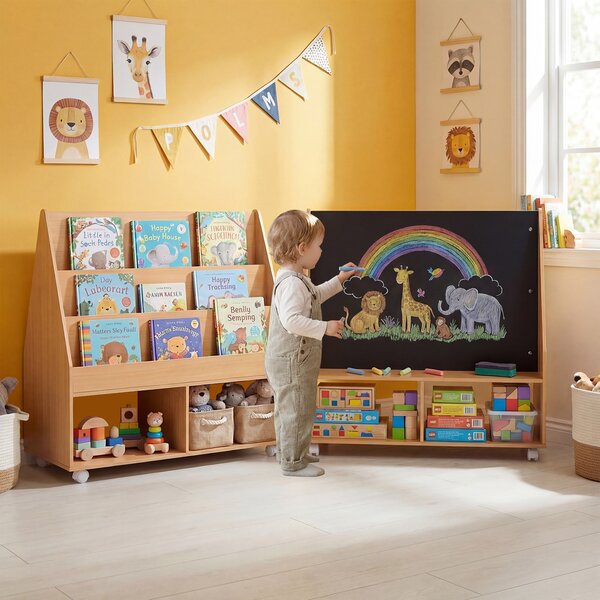 Costway Libreria montessori con lavagna per bambini, Scaffale portagiochi con ruote con ripiani e scomparti in legno Naturale