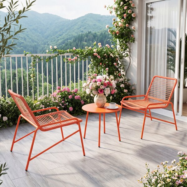 Costway Salotto da giardino in rattan PE, Salottino da esterno con 1 tavolino rotondo e 2 poltrone ergonomiche Arancione