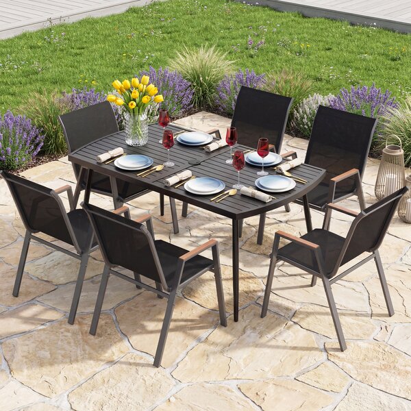 Costway Tavolo da giardino con foro per ombrellone da 4 cm, Tavolo pranzo da esterno a 6 posti struttura in metallo robusta portata 100 kg