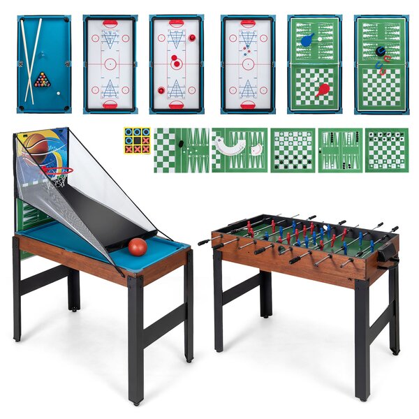 Costway Set da tavolo da gioco combo 15-in-1, Kit di combinazione basket e calcetto con hockey biliardo ping pong bowling Naturale