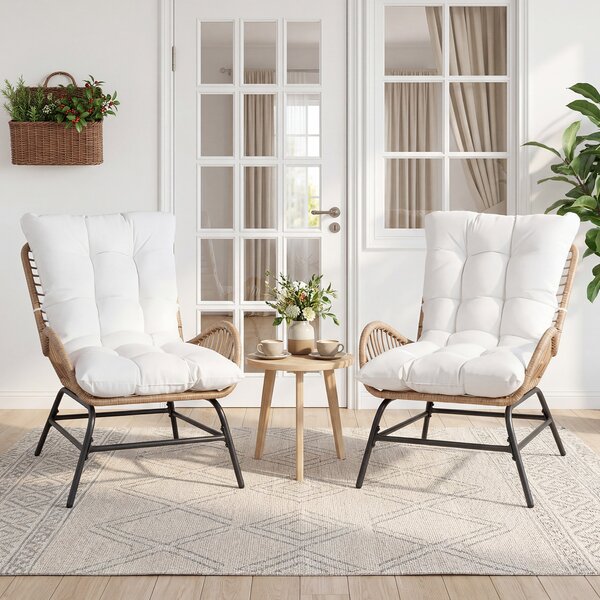 Costway 2*Sedia da pranzo in rattan con cuscino morbido e telaio di supporto in metallo, Poltrona da giardino per terrazza Bianco