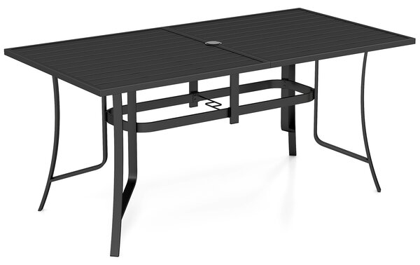 Costway Tavolo da giardino a 6 posti in metallo portata 150 kg, Tavolo esterno con fori di ombrellone resistente Nero