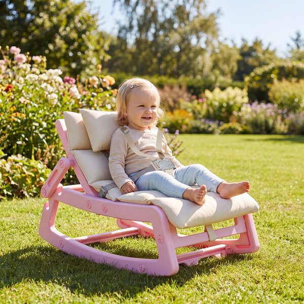 Costway Sedia a dondolo per bambini con schienale regolabile poggiatesta rimovibile e cintura 5 punti, Sdraietta a dondolo imbottita Rosa
