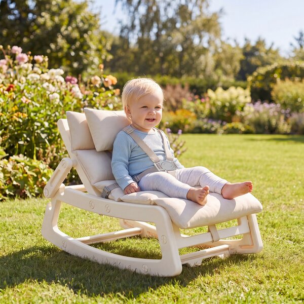 Costway Sedia a dondolo per bambini con schienale regolabile poggiatesta rimovibile e cintura 5 punti, Sdraietta a dondolo imbottita Beige