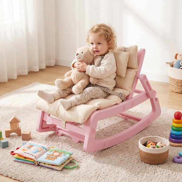 Costway Sedia a dondolo per bambini con schienale regolabile poggiatesta rimovibile e cintura 5 punti, Sdraietta a dondolo imbottita Rosa