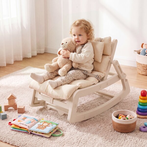 Costway Sedia a dondolo per bambini con schienale regolabile poggiatesta rimovibile e cintura 5 punti, Sdraietta a dondolo imbottita Beige
