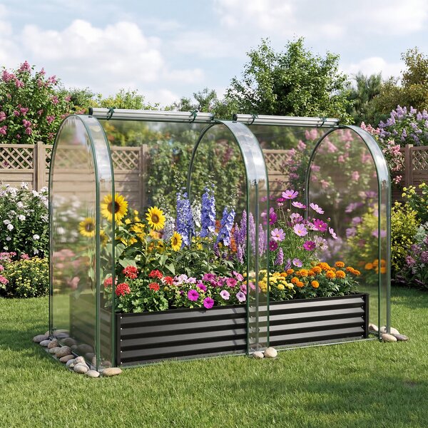 Costway Orto rialzato da giardino con serra drenaggio, Fioriera esterno in metallo con copertura protettiva per piante fiori Nero