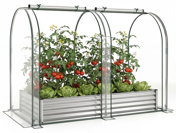 Costway Orto rialzato da giardino con serra drenaggio, Fioriera esterno in metallo con copertura protettiva per piante fiori Argento