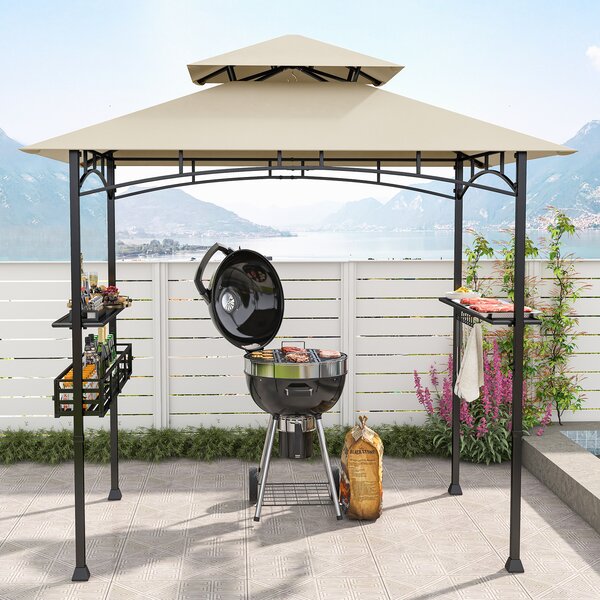 Costway Gazebo barbecue con 2 ripiani laterali cestino ganci appendiutensili, Tendone da esterno per barbecue 242x153cm Beige