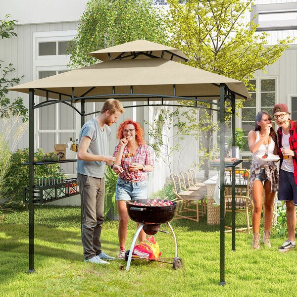 Costway Gazebo barbecue con 2 ripiani laterali cestino ganci appendiutensili, Tendone da esterno per barbecue 242x153cm Beige