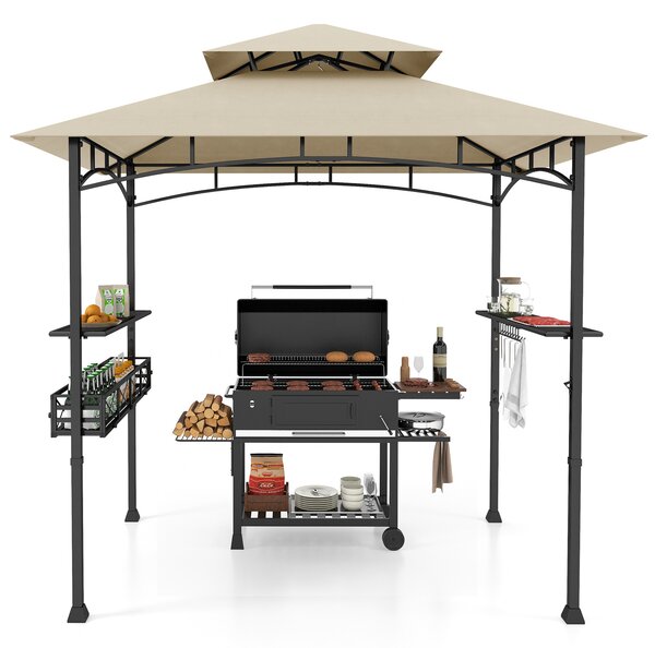 Costway Gazebo barbecue con 2 ripiani laterali cestino ganci appendiutensili, Tendone da esterno per barbecue 242x153cm Beige