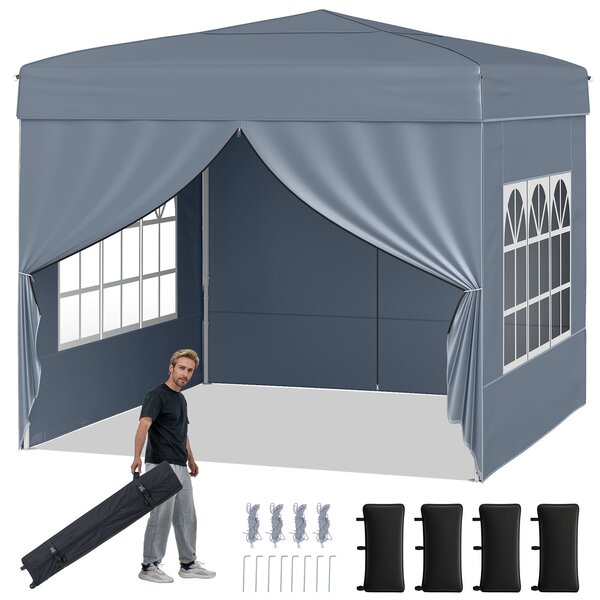 Costway Gazebo da giardino pieghevole con 4 pannelli laterali altezza regolabile borsa da trasporto, Gazebo da esterno impermeabile Grigio