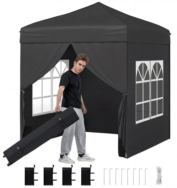 Costway Gazebo pieghevole da giardino struttura in acciaio al carbonio, Gazebo da esterno con pareti removibili altezza regolabile Nero