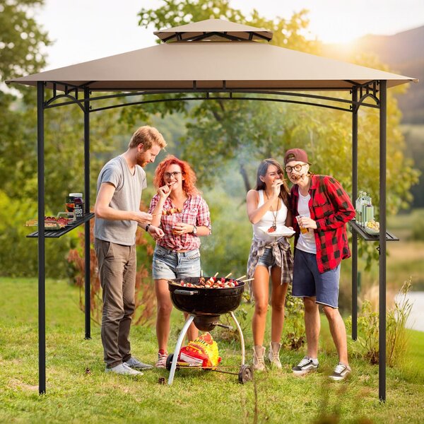 Costway Gazebo per griglia e pergolato per barbecue con doppio tetto, Tenda da esterno 242 x 150 cm Marrone